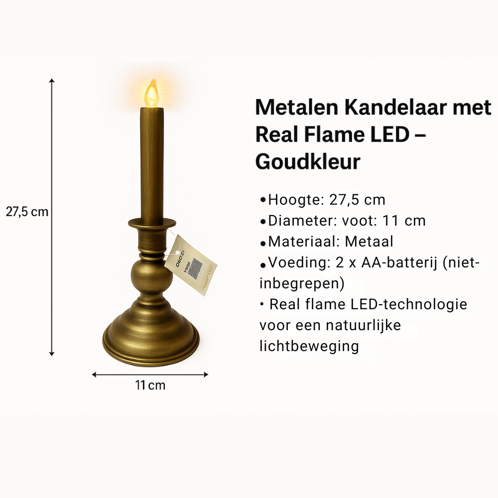 Metalen Kandelaar met LED Kaars – Real Flame Effect – Goudkleur – 28 cm –  2x AA - Metaal