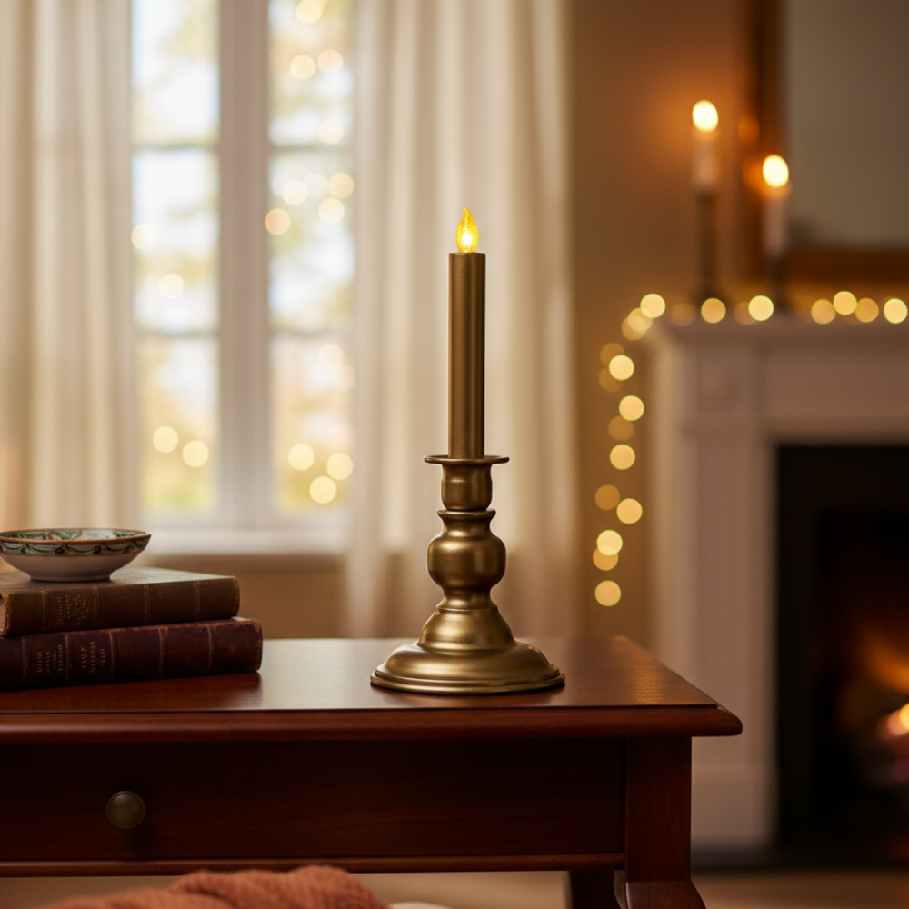 Metalen Kandelaar met LED Kaars – Real Flame Effect – Goudkleur – 28 cm –  2x AA - Metaal