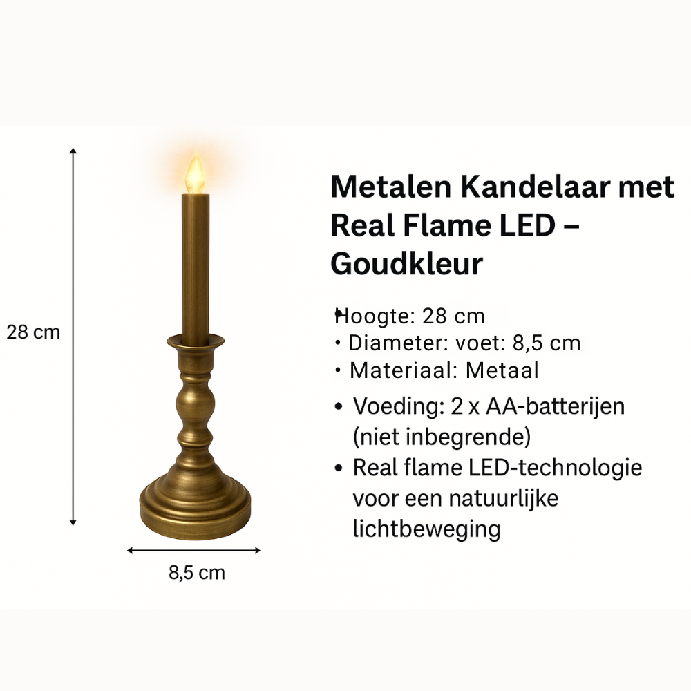 GOODS - Metalen Kandelaar Ring - 3 delig  LED Kaars – Real Flame Effect – Goudkleur – 2x AA - Metaal