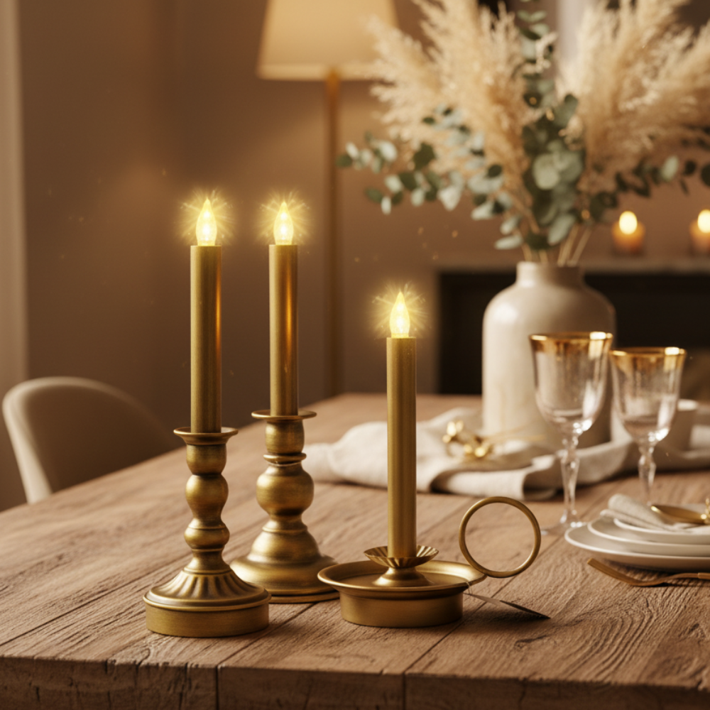 GOODS - Metalen Kandelaar Ring - 3 delig  LED Kaars – Real Flame Effect – Goudkleur – 2x AA - Metaal