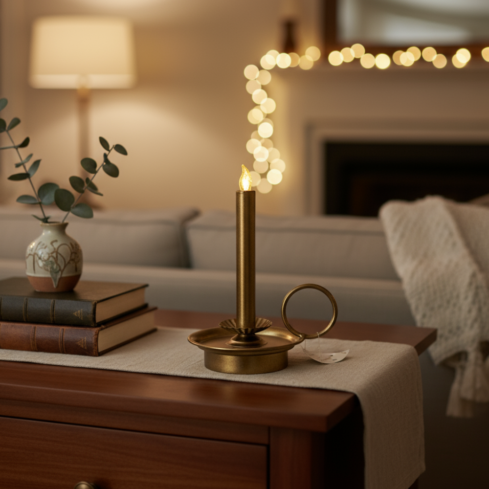 Metalen Kandelaar Ring - met LED Kaars – Real Flame Effect – Goudkleur – 23 cm –  2x AA - Metaal