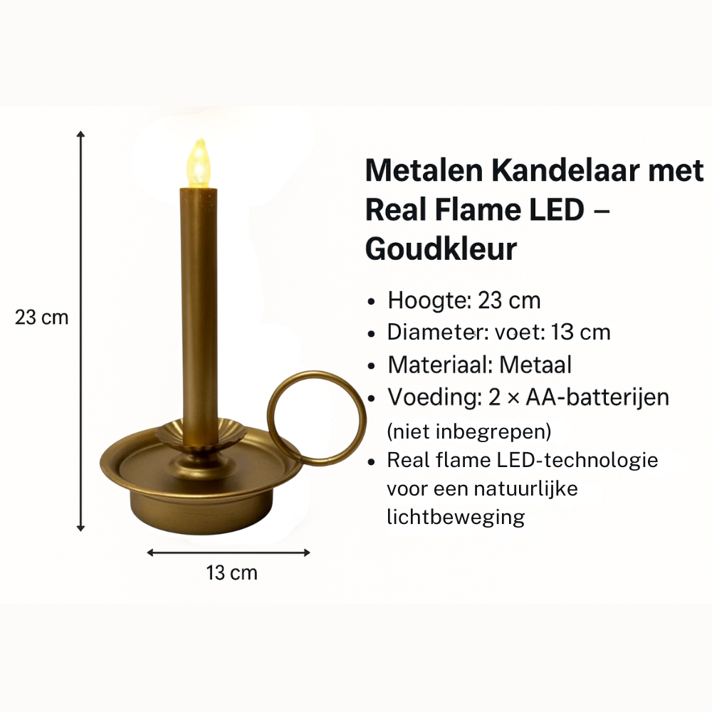 Metalen Kandelaar Ring - met LED Kaars – Real Flame Effect – Goudkleur – 23 cm –  2x AA - Metaal