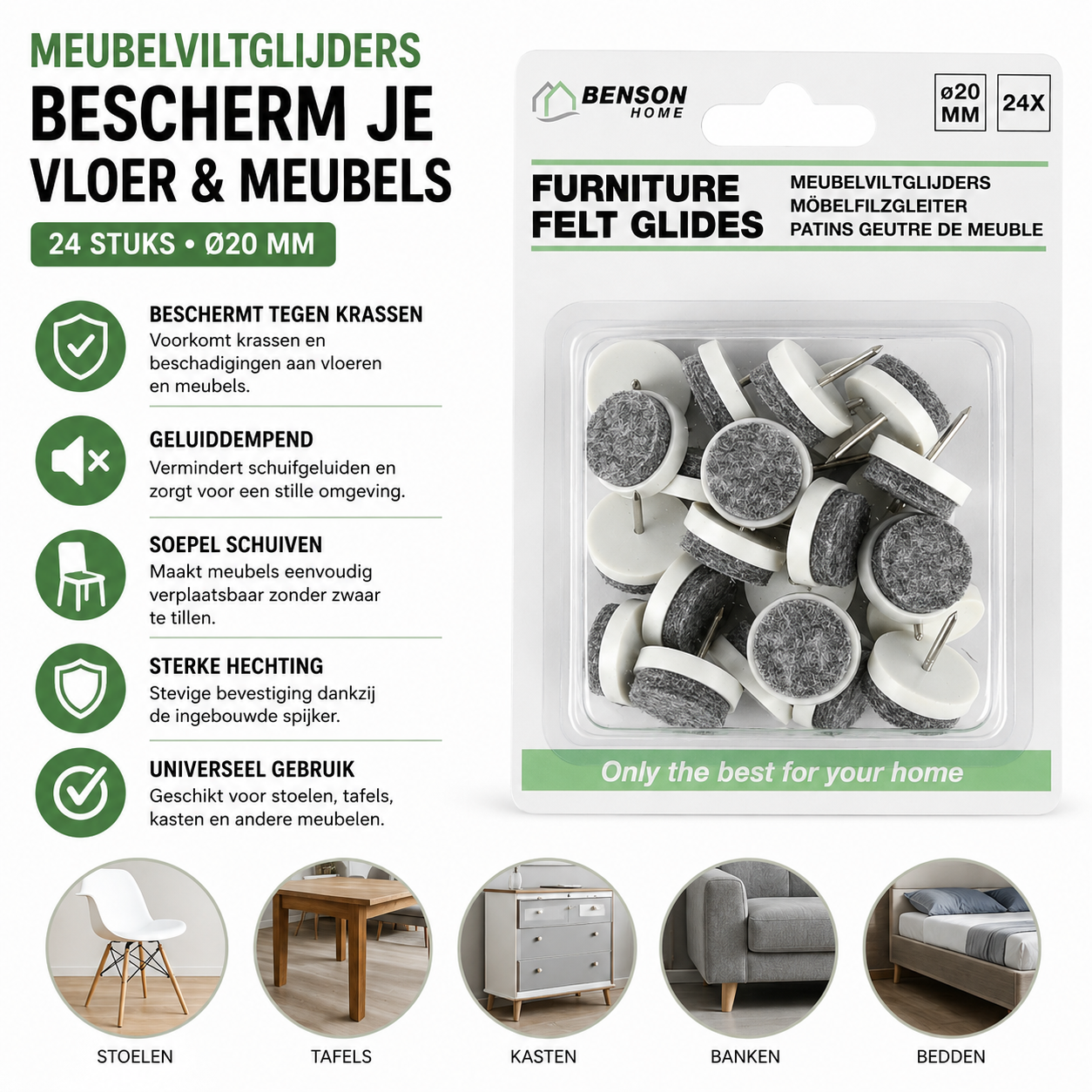 Meubelviltglijders 24-delig Ø 20mm – Vloerbeschermer voor Laminaat, Parket & Tegels | Pin-bevestiging