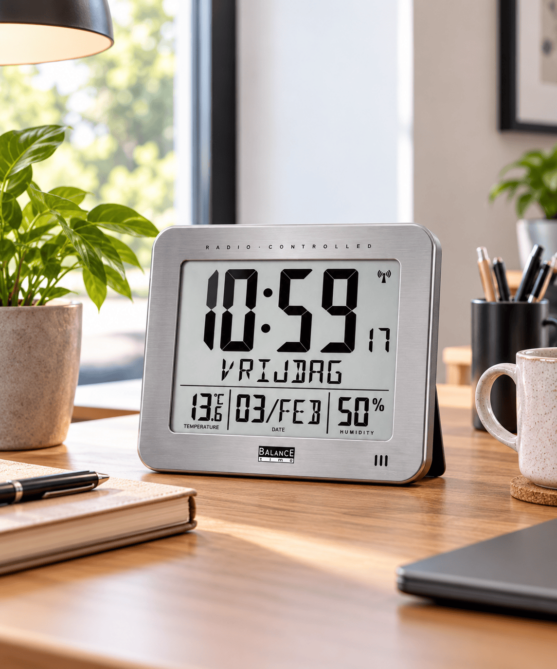 Radiogestuurde LCD-Wandklok met Alarm, Thermometer en Hygrometer