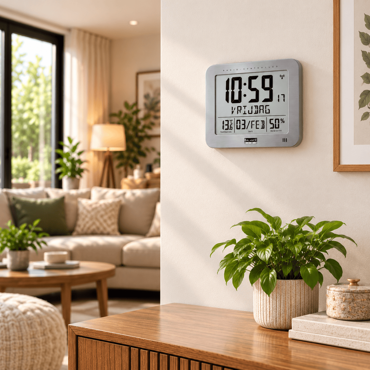 Radiogestuurde LCD-Wandklok met Alarm, Thermometer en Hygrometer