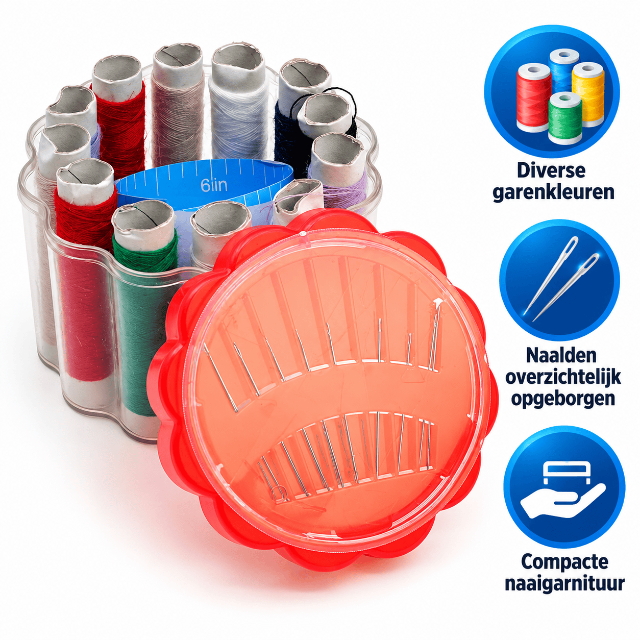 Naaigaren Set 12 Stuks met Naalden – In Ronde Opbergdoos