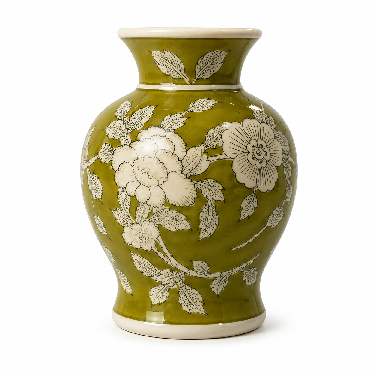 Porseleinen Bloemenvaas – Groen Wit Bloemmotief – Chinoiserie Stijl – Ø 15 × H 18 cm