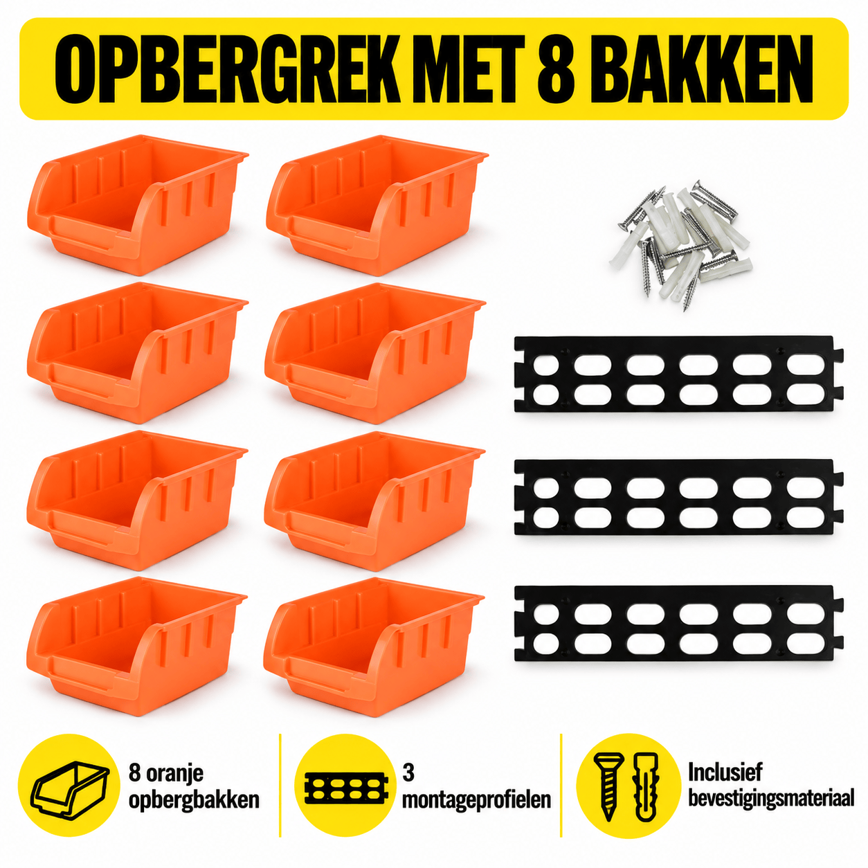 Schroefopbergbakjes met Wandrek – 8 Oranje Opbergbakken