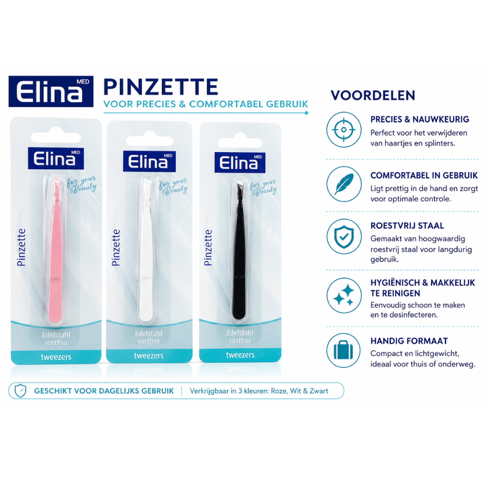 Elina Precisiepincet 8,5 cm – Schuine Punt – Zwart, Blauw of Roze