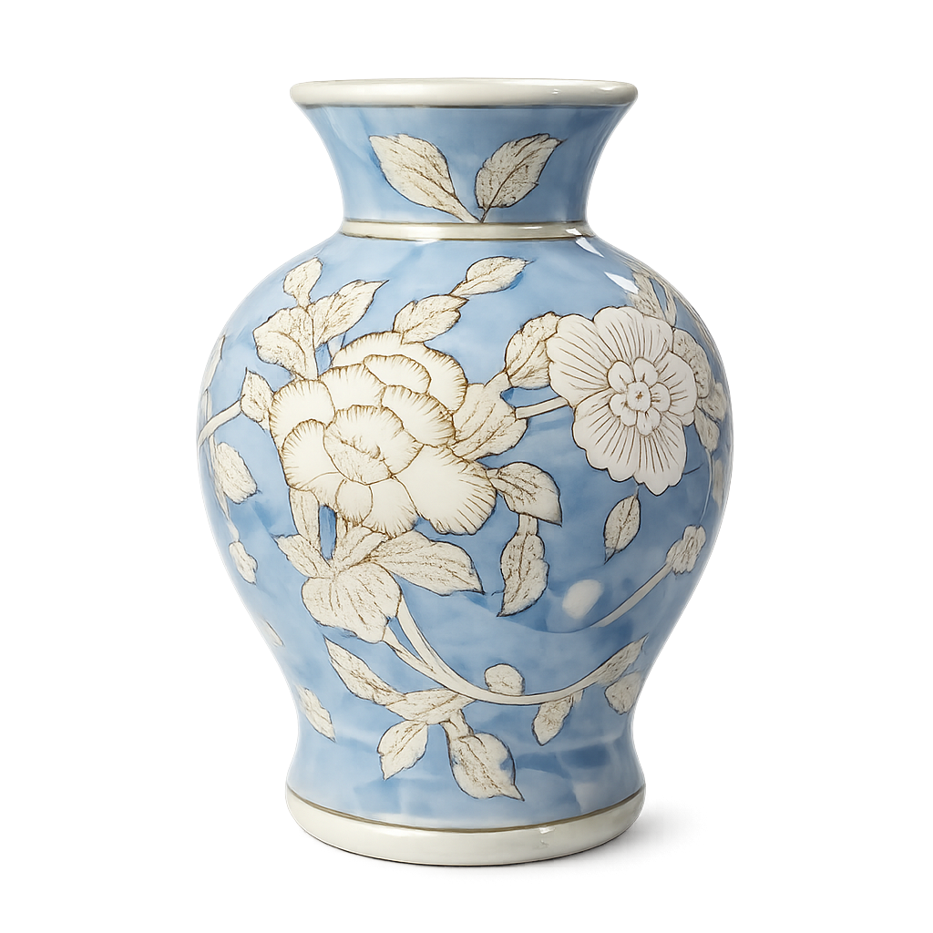 Porseleinen Bloemenvaas – Blauw Wit Bloemmotief – Chinoiserie Stijl – Ø 15 × H 18 cm
