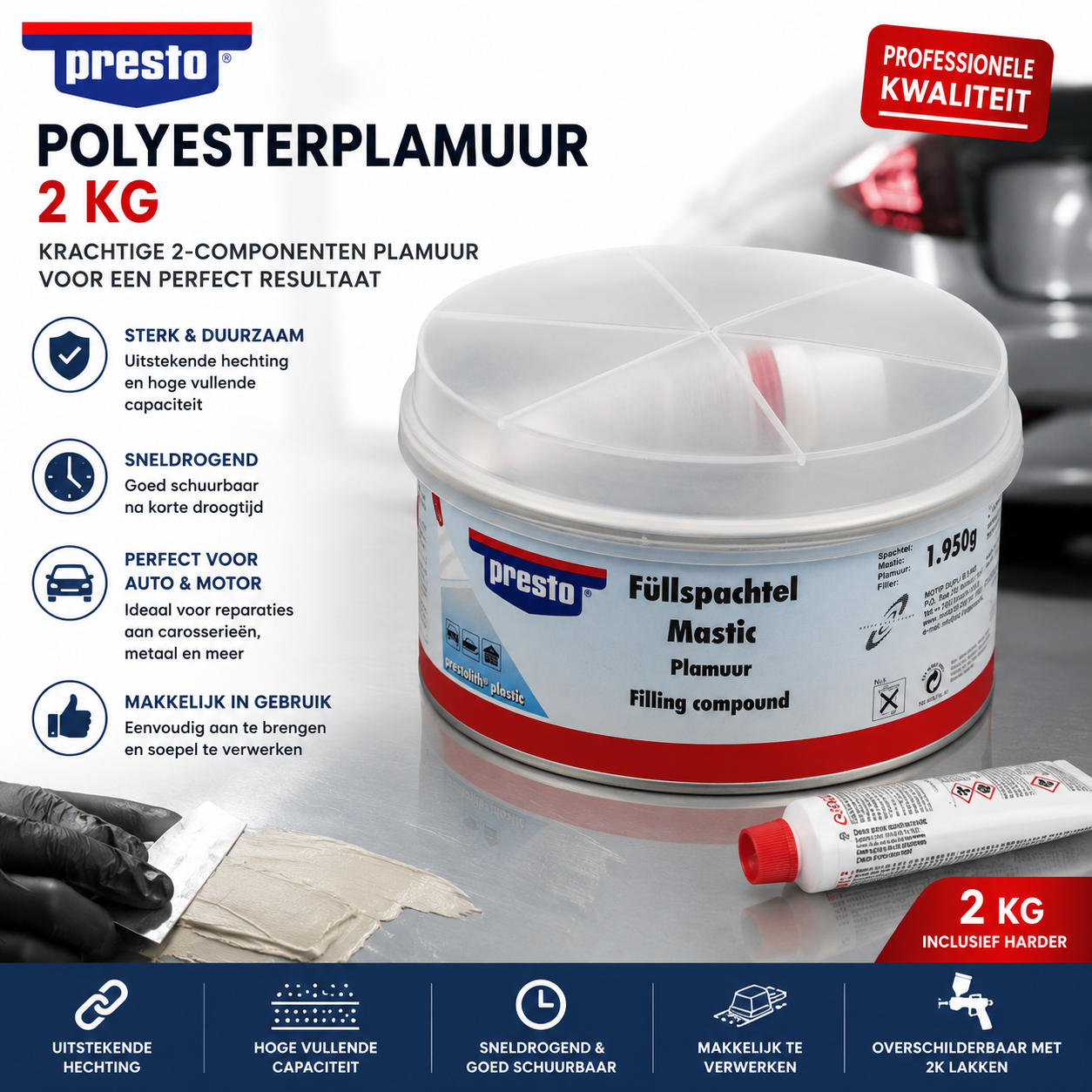 Presto Polyesterplamuur – 2 kilo – 2-Component Plamuur – Voor Metaal, Hout, Beton, Kunststof