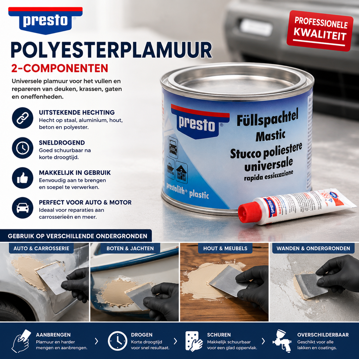 Presto Polyesterplamuur – 1 kilo – 2-Component Plamuur – Voor Metaal, Hout, Beton, Kunststof