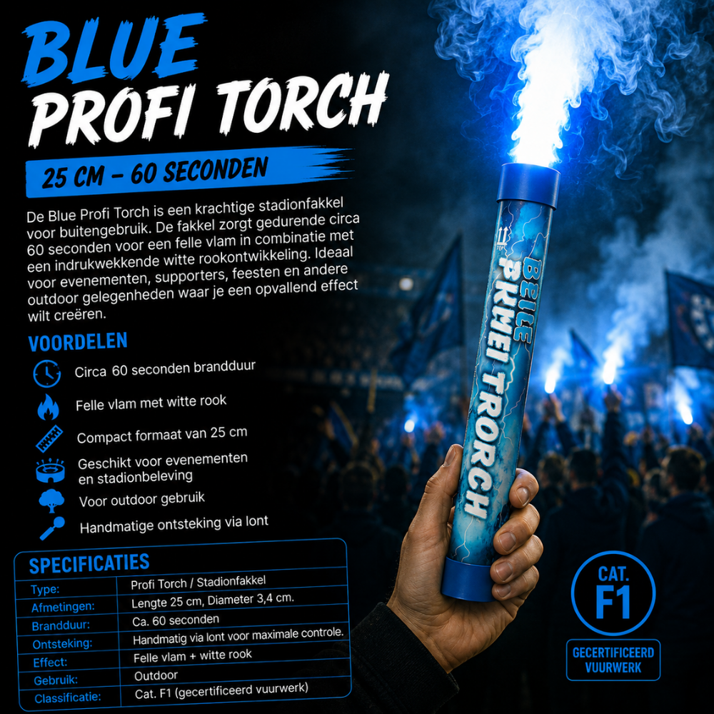 Blauw- Profi Torch Stadionfakkel – 60 Sec | Felle Vlam & Dikke Rook | CE-gecertificeerd