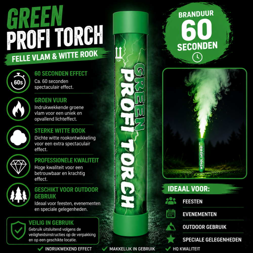 Groen - Profi Torch Stadionfakkel Bengaal – 60 Sec | Felle Vlam & Dikke Rook | CE-gecertificeerd