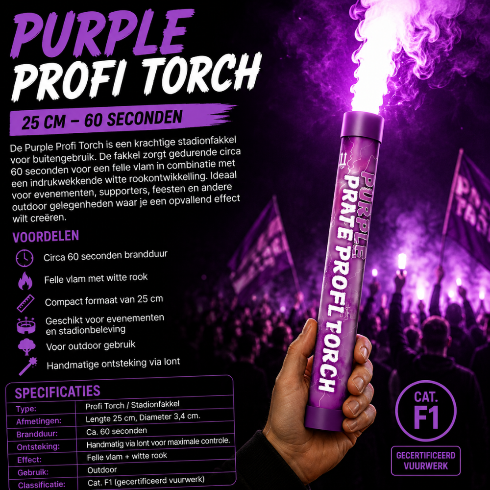 Paars Profi Torch Stadionfakkel Bengaal – 60 Sec | Felle Vlam & Dikke Rook | CE-gecertificeerd