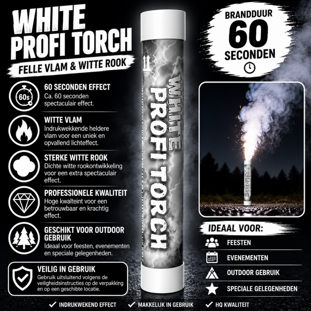 Wit Profi Torch Stadionfakkel Bengaal – 60 Sec | Felle Vlam & Dikke Rook | CE-gecertificeerd