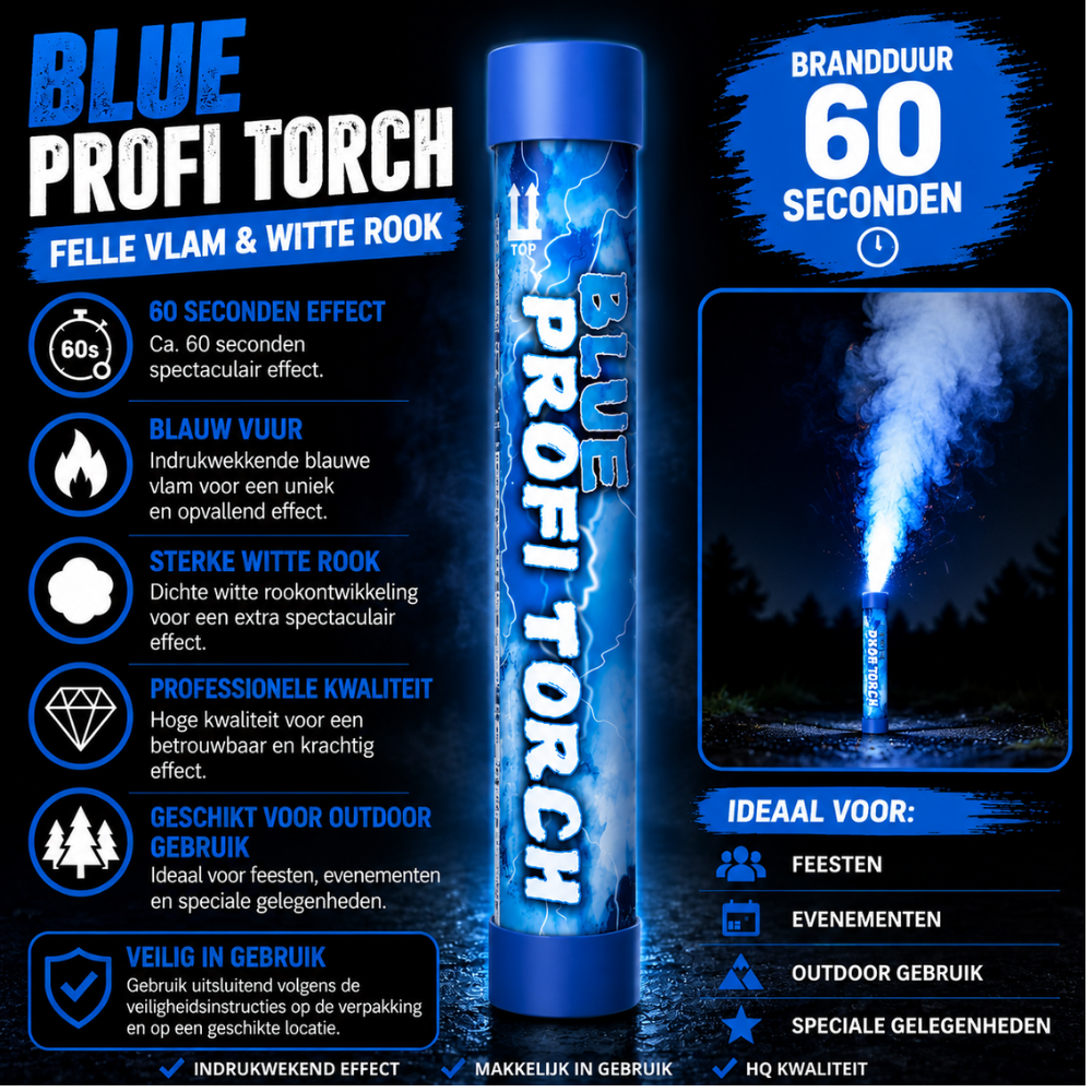 Blauw- Profi Torch Stadionfakkel – 60 Sec | Felle Vlam & Dikke Rook | CE-gecertificeerd