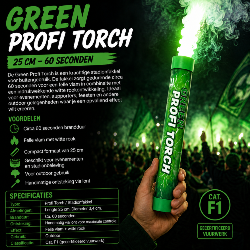 Groen - Profi Torch Stadionfakkel Bengaal – 60 Sec | Felle Vlam & Dikke Rook | CE-gecertificeerd