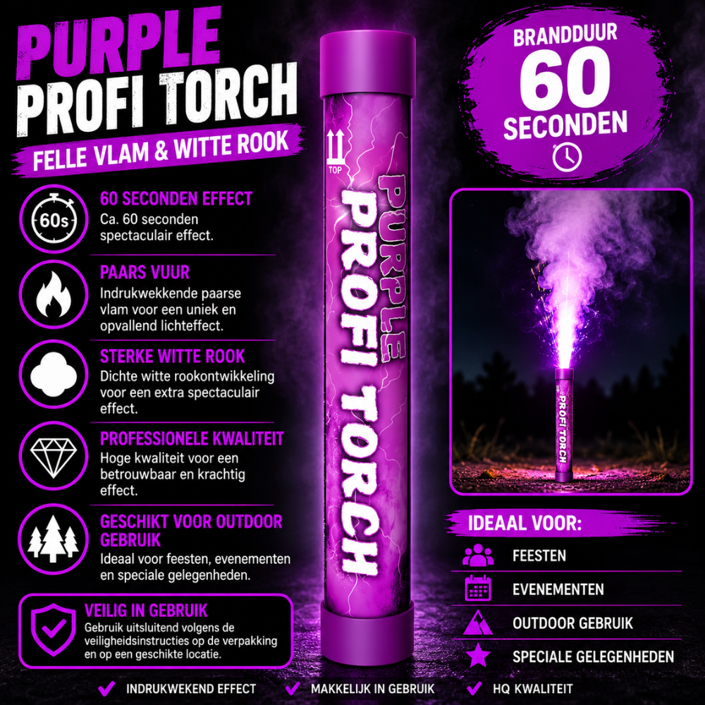 Paars Profi Torch Stadionfakkel Bengaal – 60 Sec | Felle Vlam & Dikke Rook | CE-gecertificeerd