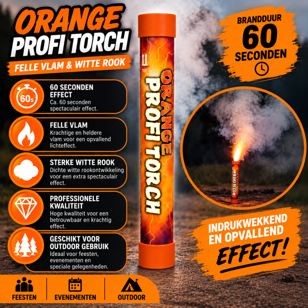 Orange Profi Torch Stadionfakkel – 60 Sec | Felle Vlam & Witte Rook | CE-gecertificeerd