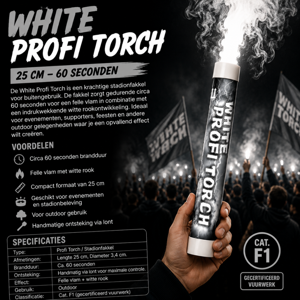 Wit Profi Torch Stadionfakkel Bengaal – 60 Sec | Felle Vlam & Dikke Rook | CE-gecertificeerd