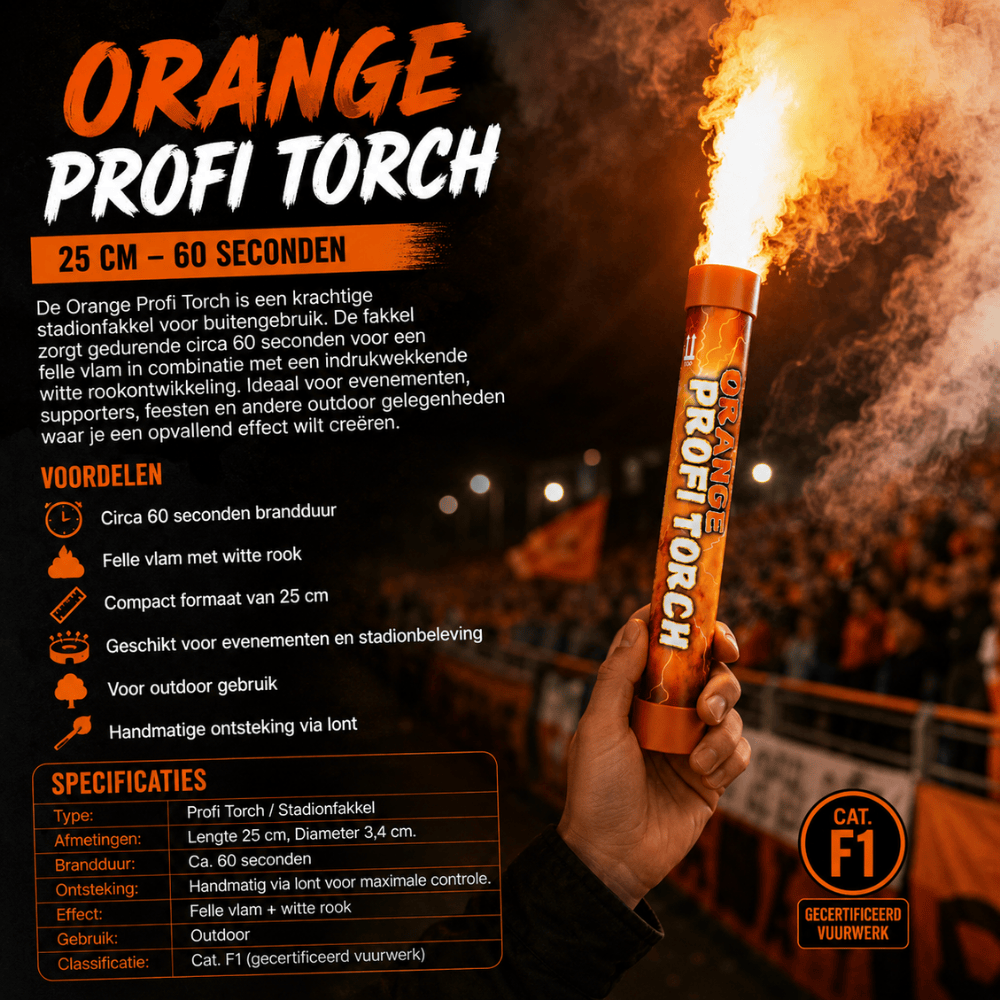 Orange Profi Torch Stadionfakkel – 60 Sec | Felle Vlam & Dikke Rook | CE-gecertificeerd