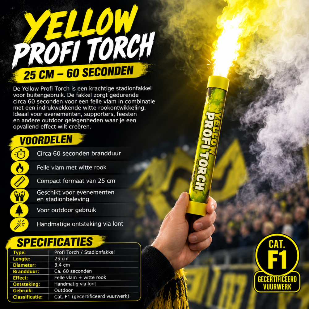Geel Profi Torch Stadionfakkel – 60 Sec | Felle Vlam & Dikke Rook | CE-gecertificeerd