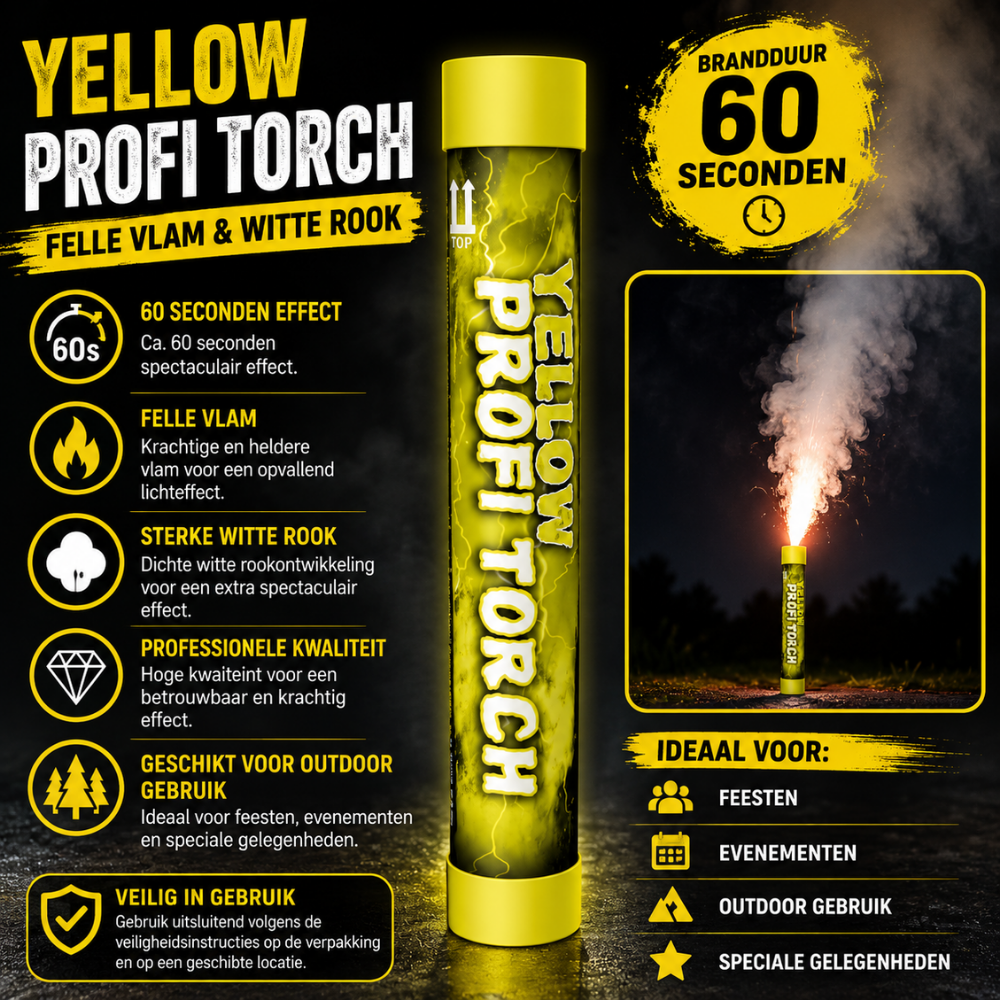 Geel Profi Torch Stadionfakkel – 60 Sec | Felle Vlam & Dikke Rook | CE-gecertificeerd