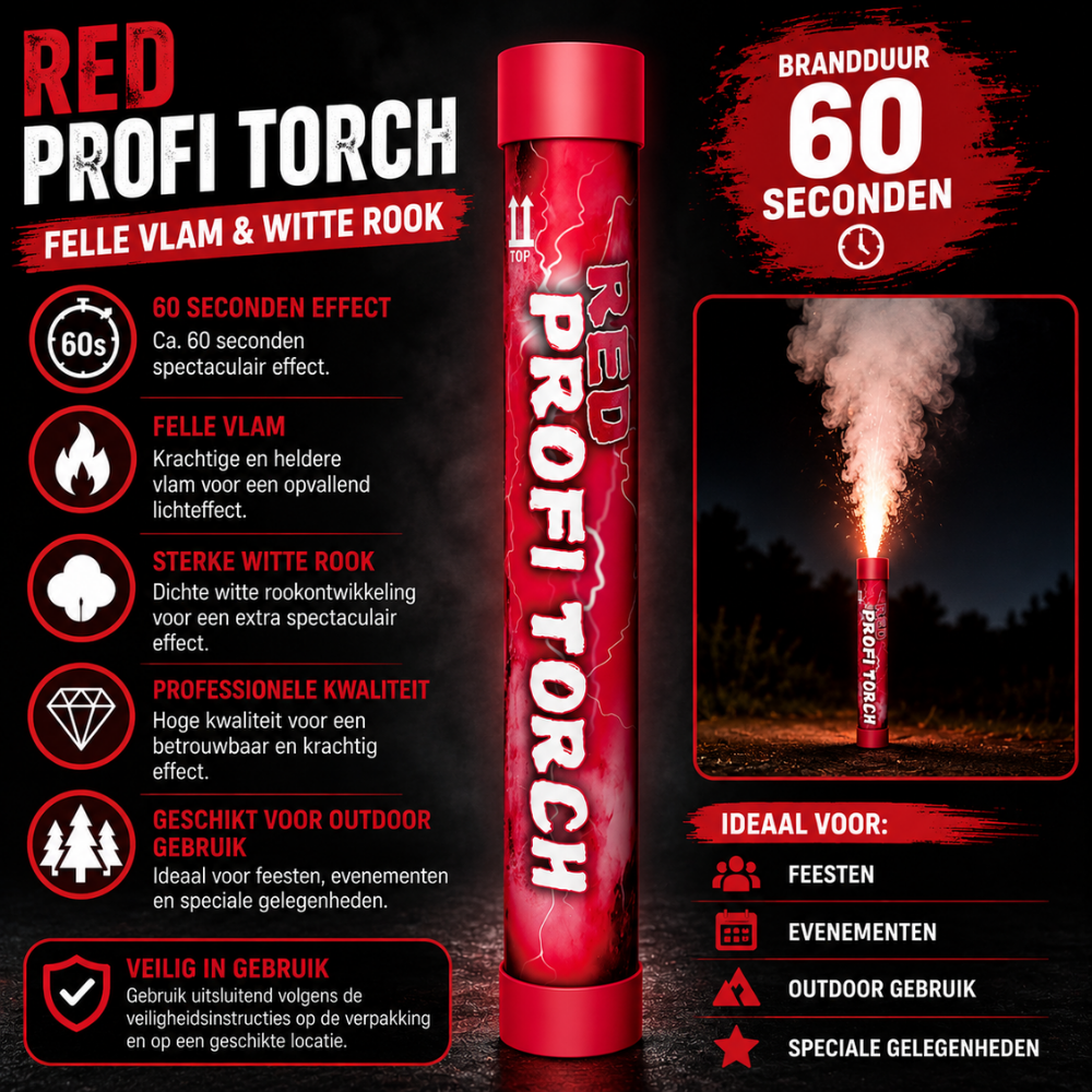 Rood Profi Torch Stadionfakkel – 60 Sec | Felle Vlam & Dikke Rook | CE-gecertificeerd