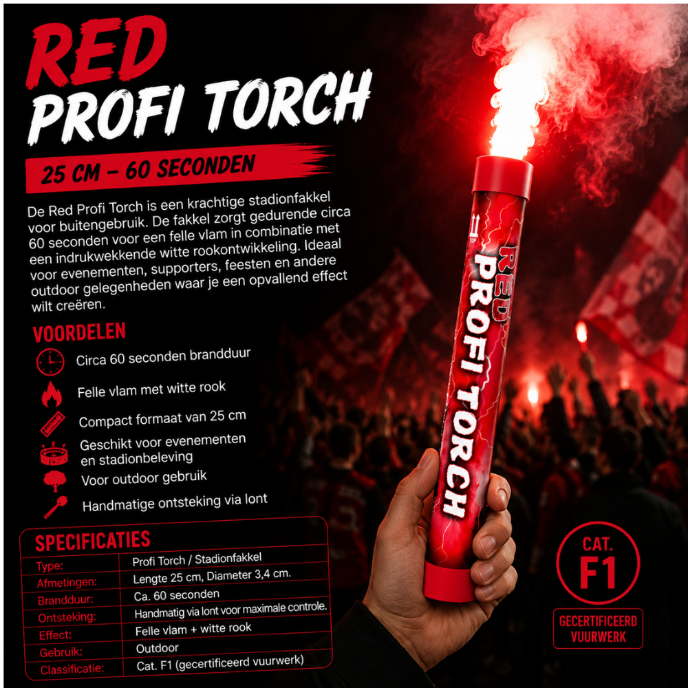 Rood Profi Torch Stadionfakkel – 60 Sec | Felle Vlam & Dikke Rook | CE-gecertificeerd