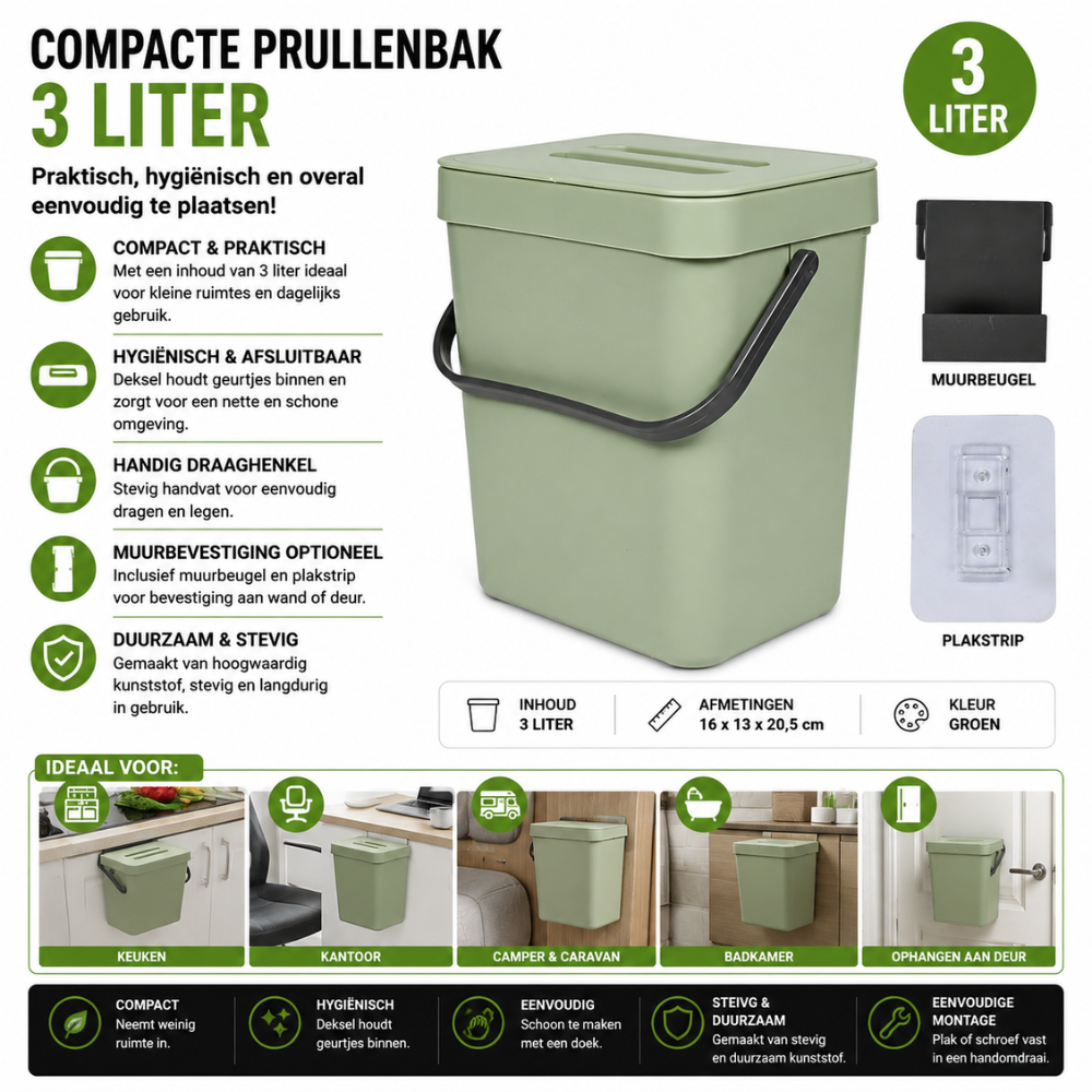 Compacte Prullenbak 3 Liter – Groen – Afvalbak voor Keuken, Kantoor, Camper &amp; Caravan