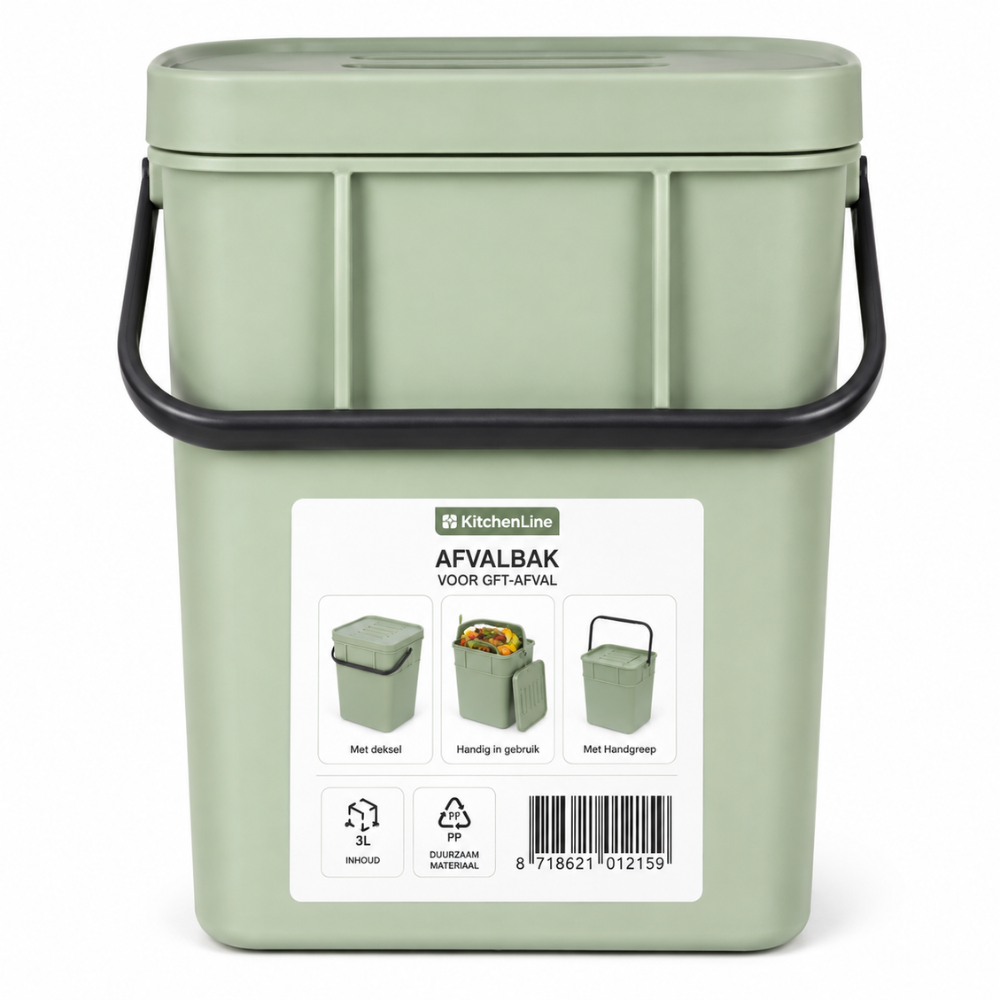 Compacte Prullenbak 3 Liter – Groen – Afvalbak voor Keuken, Kantoor, Camper &amp; Caravan