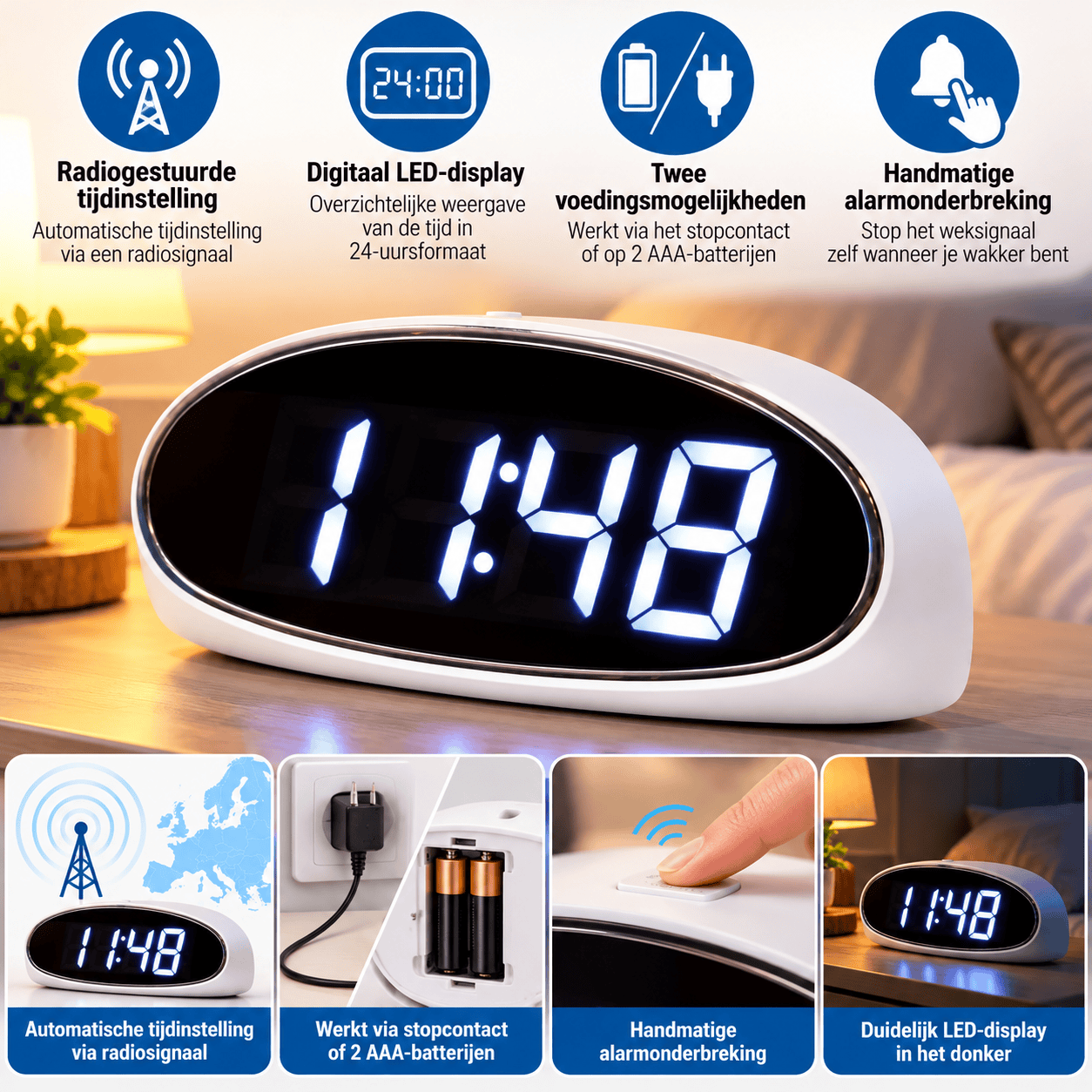 Balance Time DESIGN Wekker klok – Wit – Radiogestuurd – LED-display
