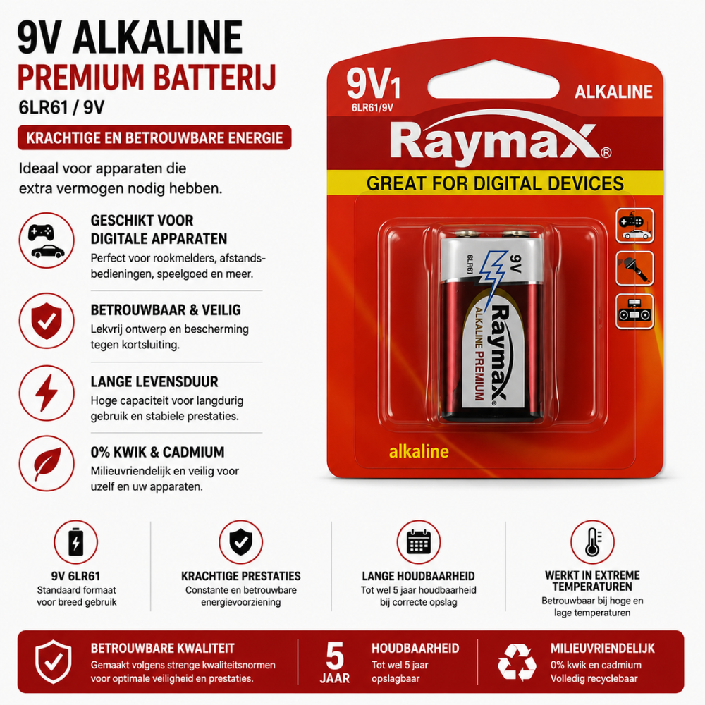 Raymax 9V Alkaline Batterij 6LR61 – Langdurige Energie voor Rookmelders & Meer