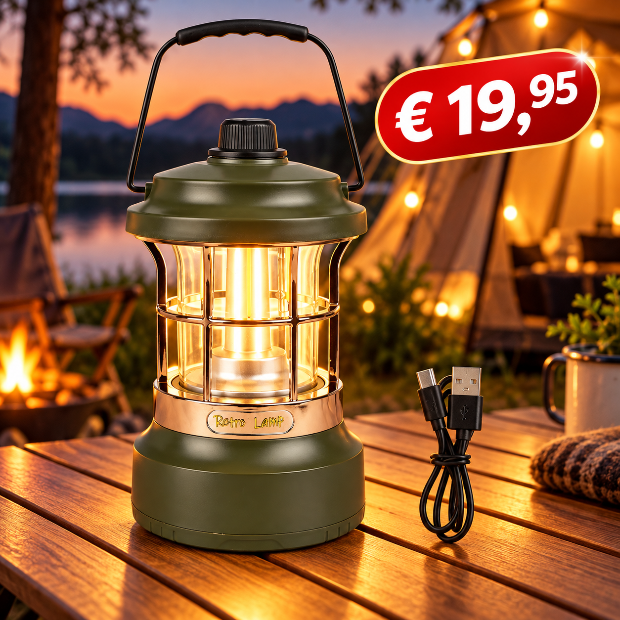 Oplaadbare Campinglamp met RGB-Lichtsnoer 10 m – 2-in-1, Groen