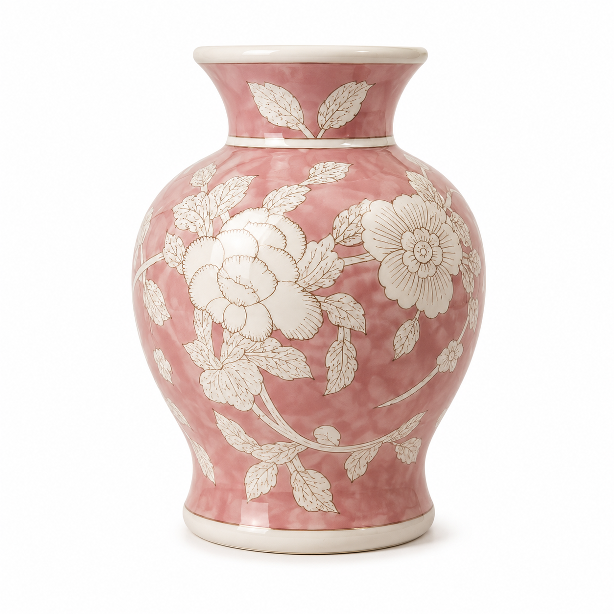 Porseleinen Bloemenvaas – Rosé Wit Bloemmotief – Chinoiserie Stijl – Ø 15 × H 18 cm