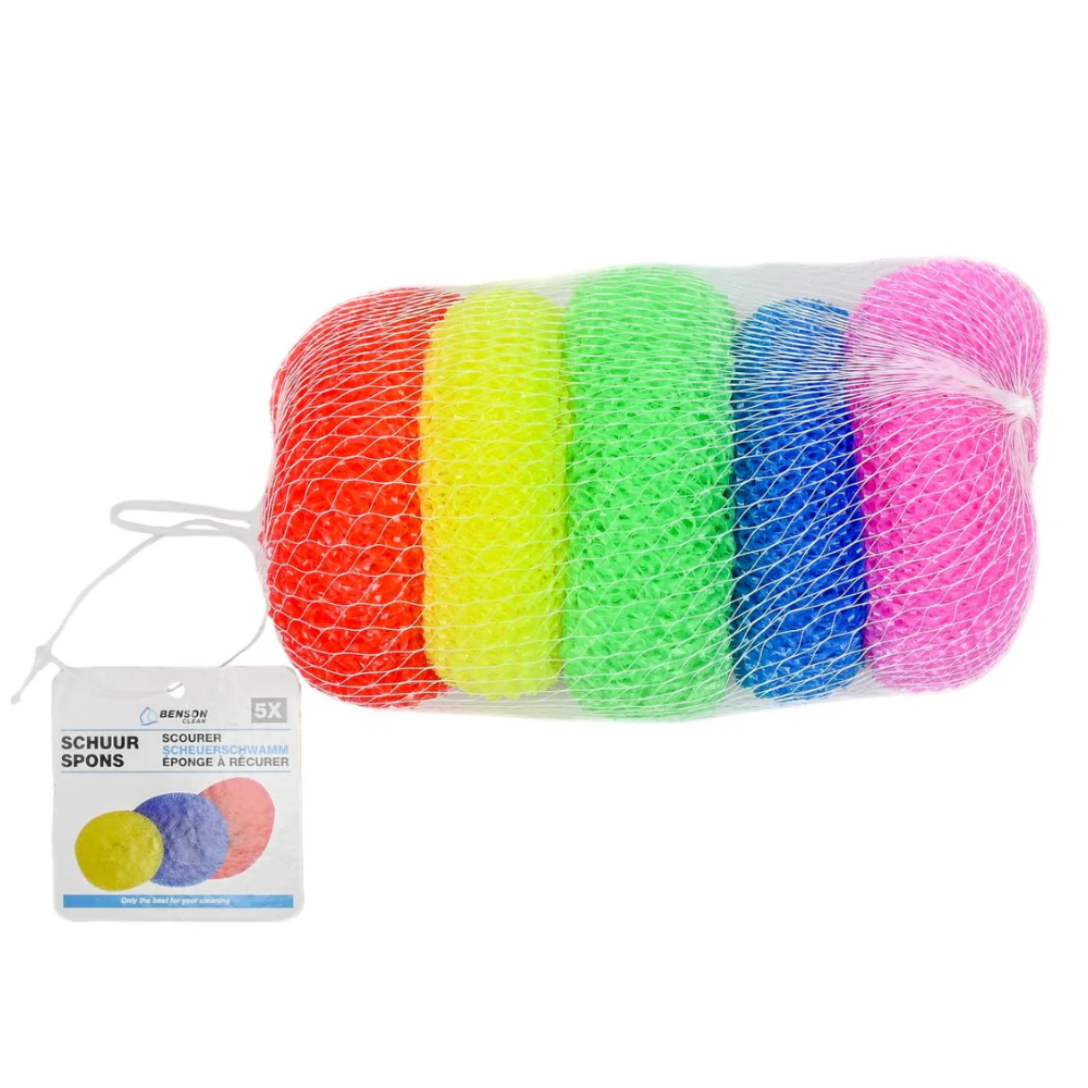 Pannenspons nylon 8x3cm pak a 5st. diverse kleuren.