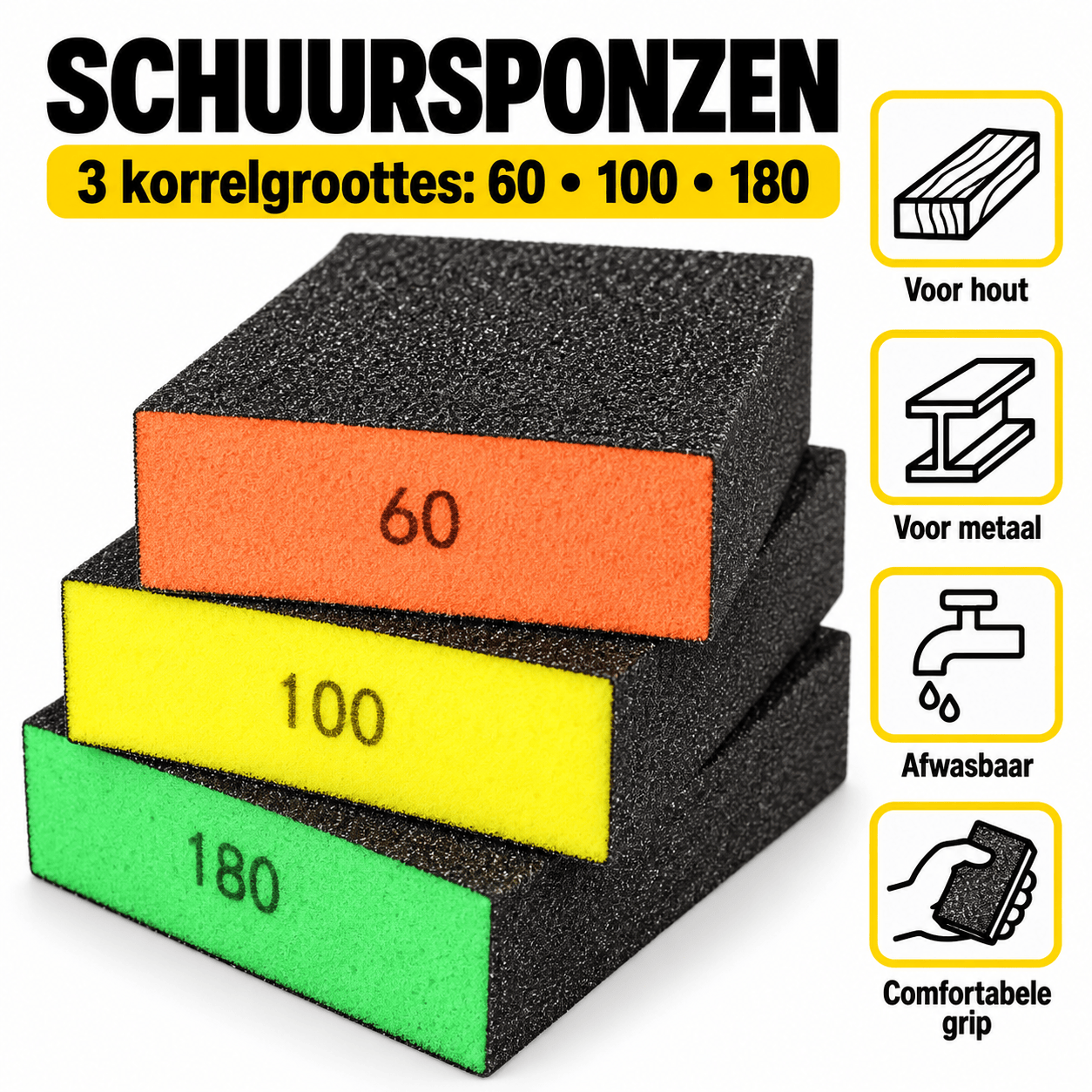 Schuurpads Set 3-delig – Fijn, Middel en Grof voor Hout en Metaal