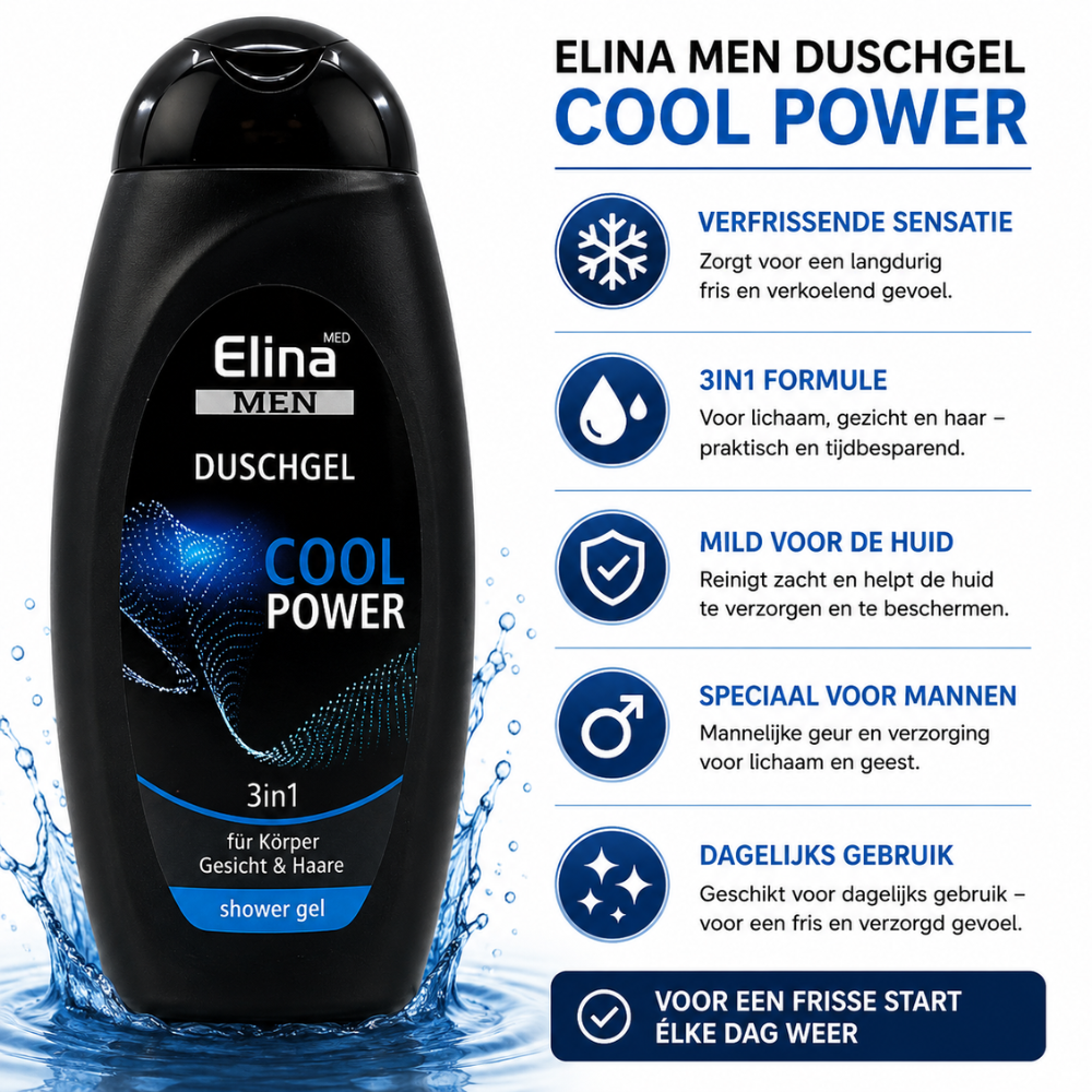 Elina For Men 3-in-1 Cool Power Douchegel 300 ml – Shampoo, Douchegel & Gezichtsreiniger