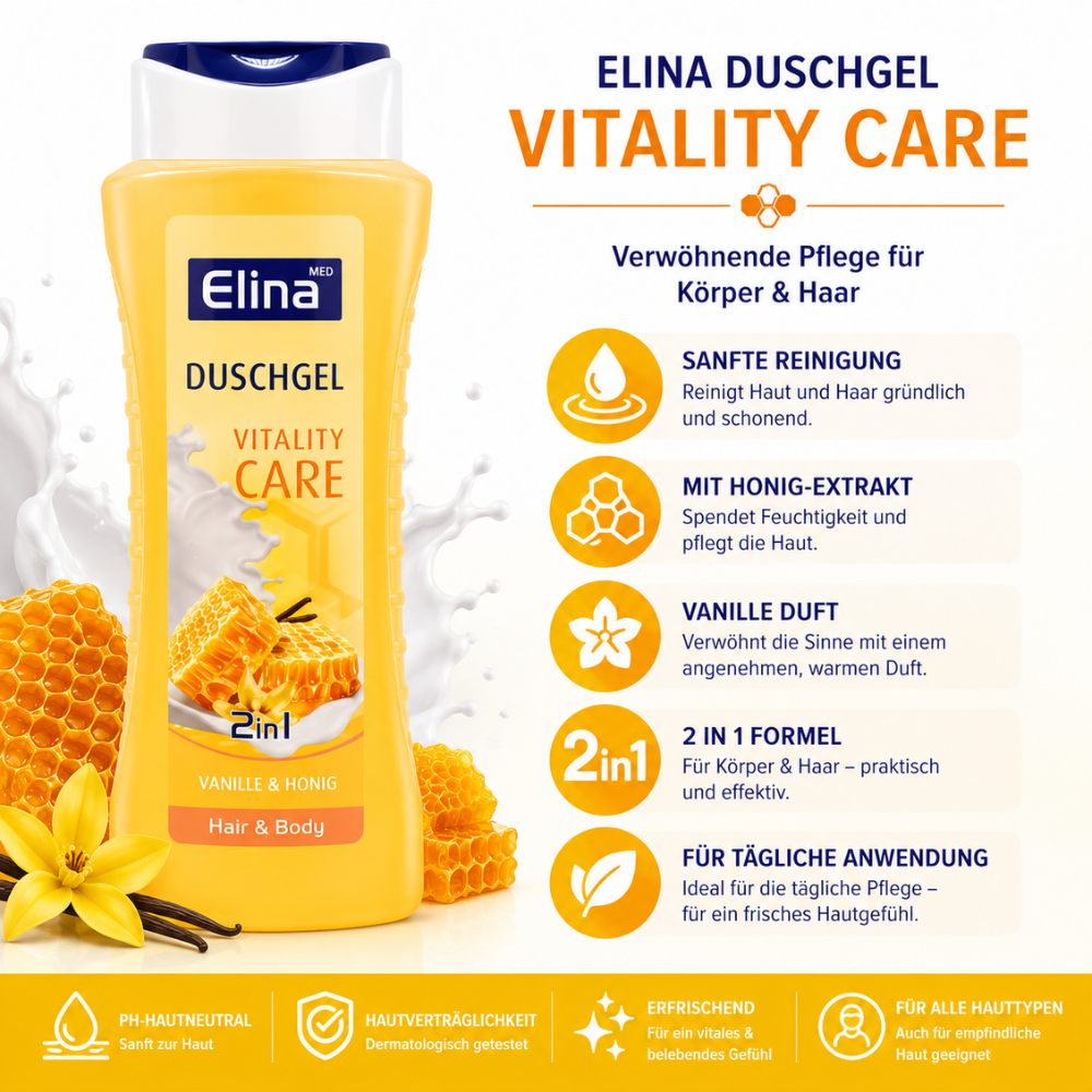 Elina 2-in-1 Vitality Care Douchegel & Shampoo – Vanilla & Honey – 300 ml – Voor Haar en Lichaam – Dagelijkse Verzorging