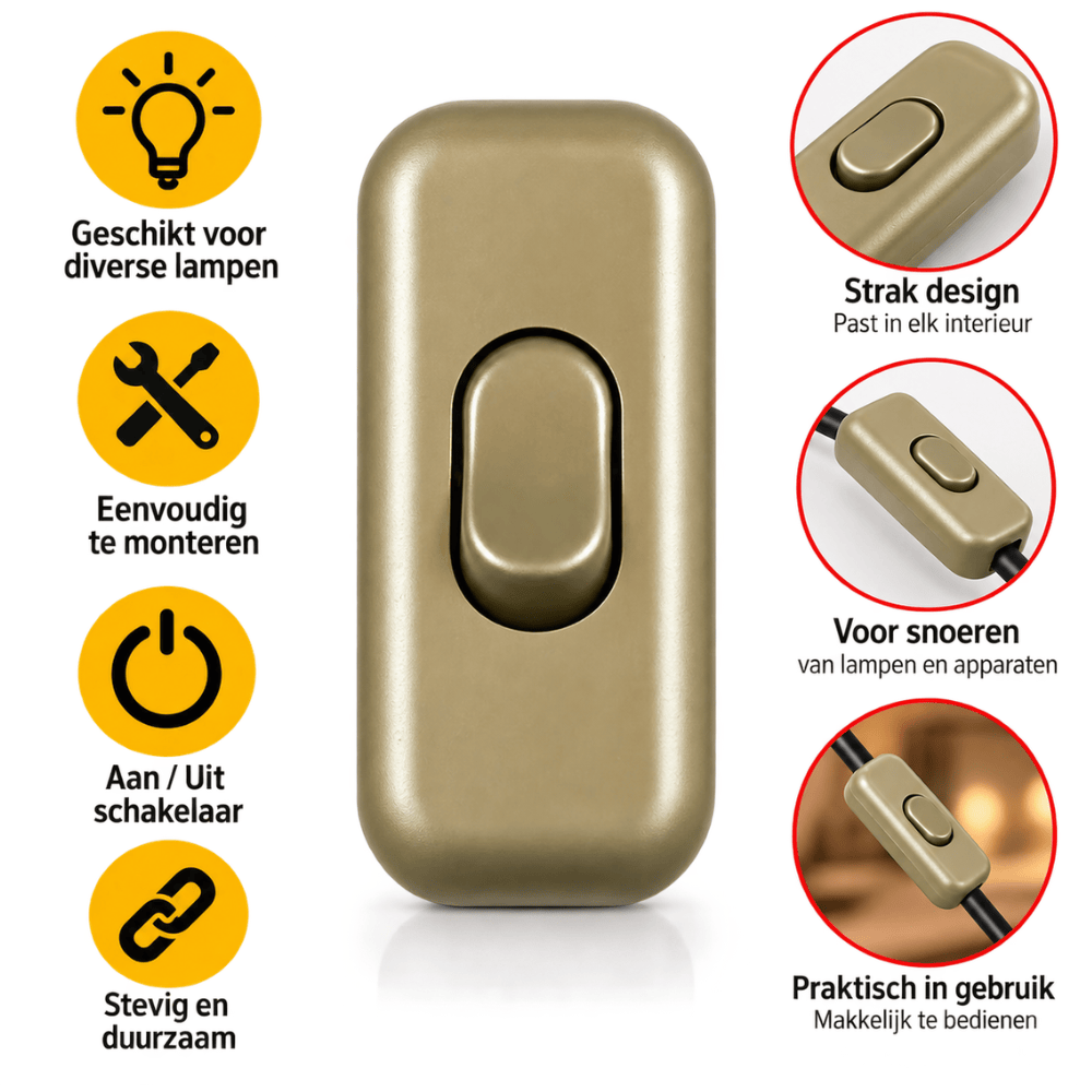 Benson Snoerschakelaar Goud – Aan/Uit | 450W | 230V | CE & VDE | 6 × 2,5 cm