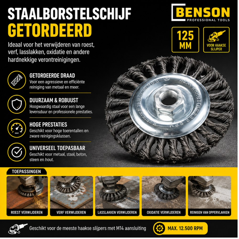 Staalborstelschijf 125 mm – Haakse Slijper | M14 | Anti-Roest & Verf | 0,50 mm Draad