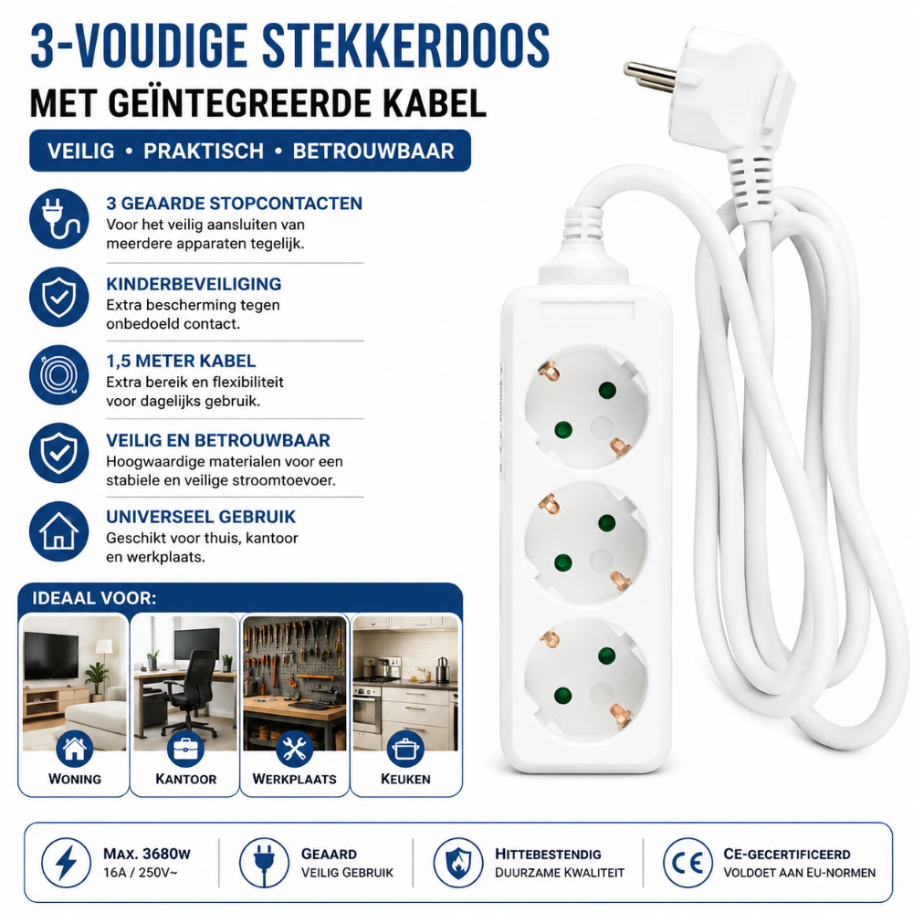 Benson Stekkerdoos 4-voudig met Schakelaar – 1,5m Kabel | Randaarde & Kinderbeveiliging