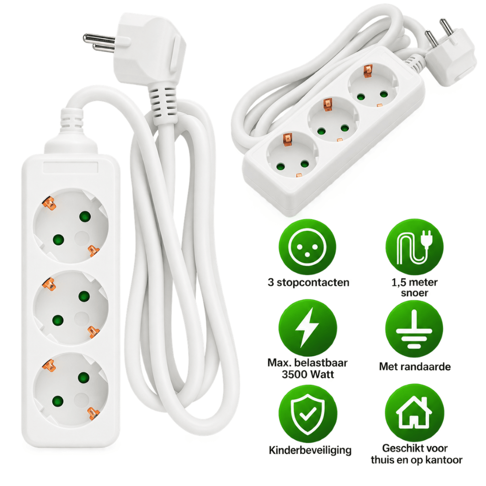 Stekkerdoos 3-voudig met Randaarde Wit – 1,5 m | 3680W | 16A / 250V | Kinderbeveiliging