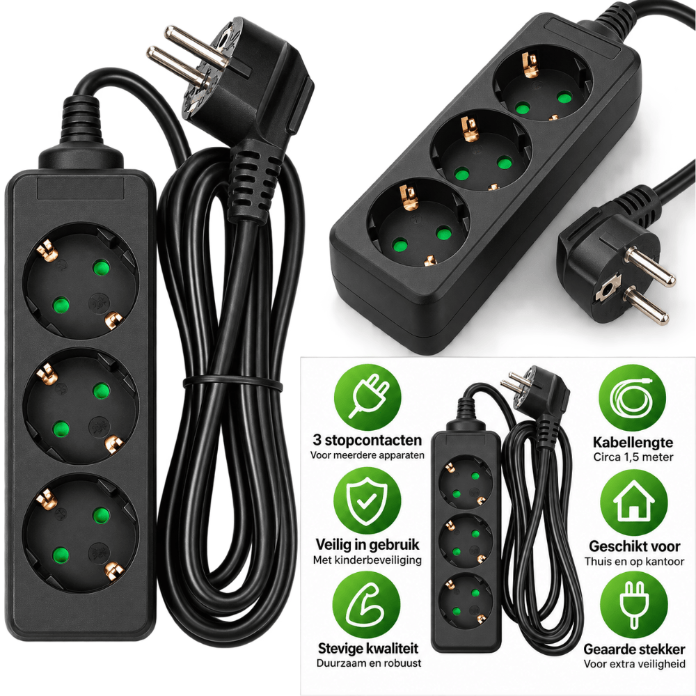 Stekkerdoos 3-voudig met Randaarde Zwart – 1,5 m | 3680W | 16A / 250V | Verlengsnoer
