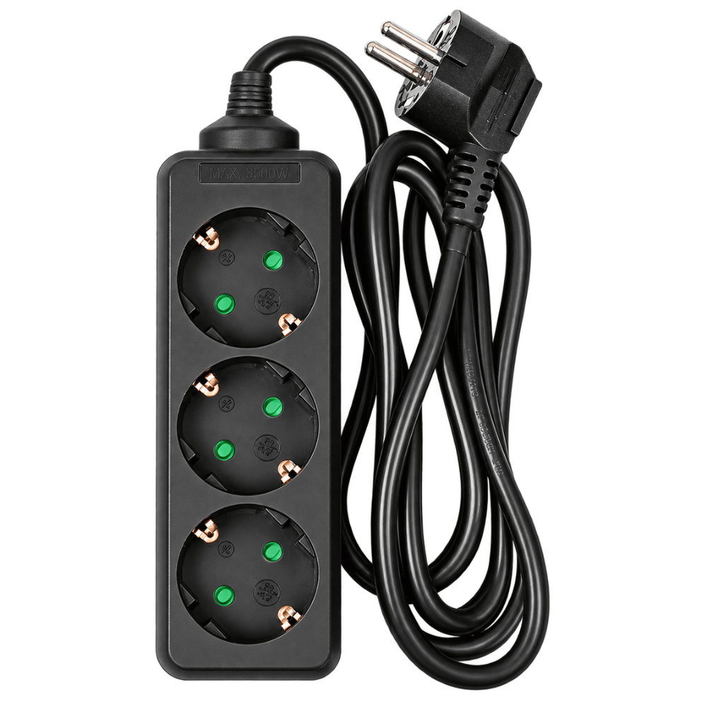 Stekkerdoos 3-voudig met Randaarde Zwart – 1,5 m | 3680W | 16A / 250V | Verlengsnoer