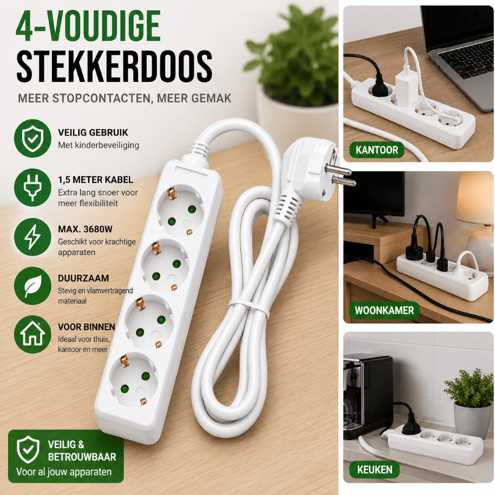 Benson Stekkerdoos 4-voudig met Schakelaar – 1,5m Kabel | Randaarde & Kinderbeveiliging