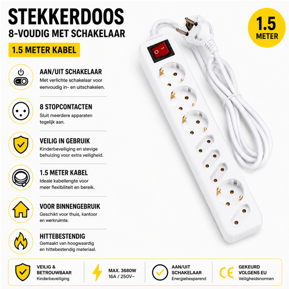Benson Stekkerdoos 8-Voudig met Schakelaar – 1,5 Meter – Randaarde – Wit
