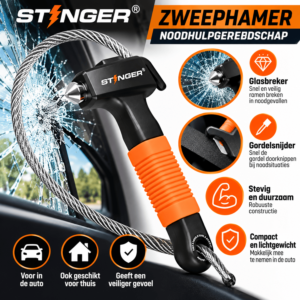 Zweephamer | Oranje | Stinger – Noodhulpgereedschap met geïntegreerde glasbreker en gordelsnijder