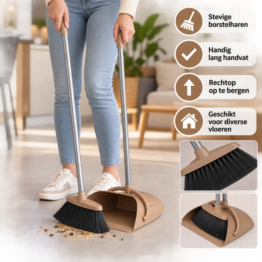 Stoffer en Blik met Lange Steel – 91 cm | Kunststof | Beige | Zachte Haren